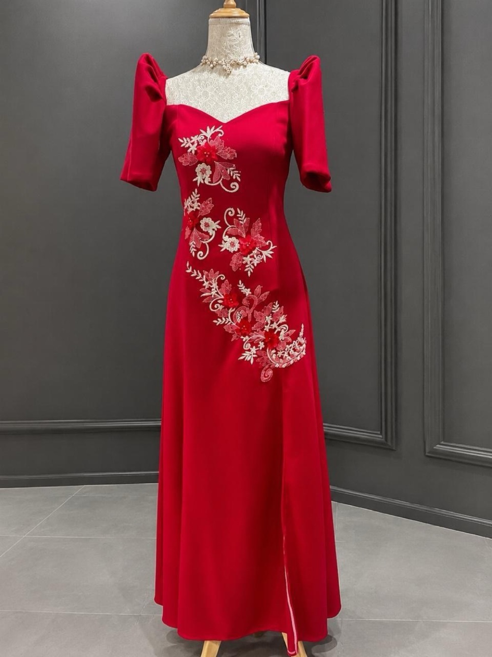 Filipininiana Elegant Neoprene Long Gown with Embroidery & Patching Design